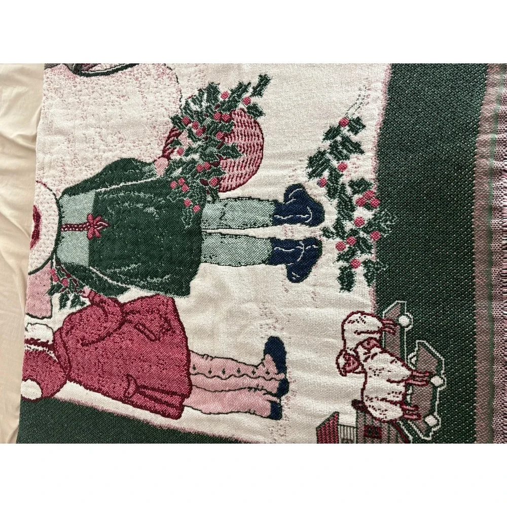 Vintage Woven Tapestry Throw Blanket Christmas Snowman Children Winter Scene